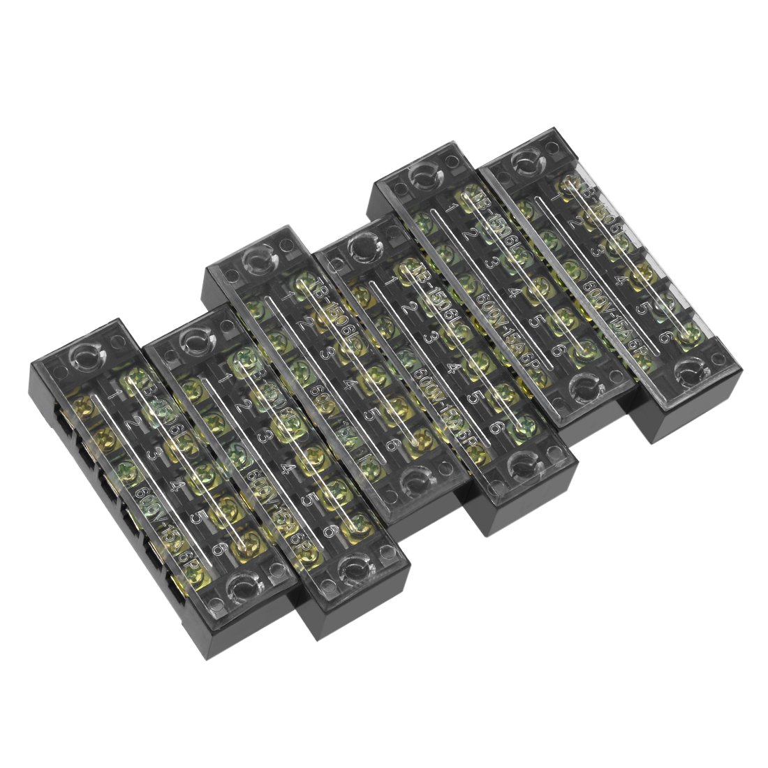 Sourcingmap 6 Pcs Dual Rows 6 Positions 600V 15A Cable Barrier Block Terminal Strip TB-1506L