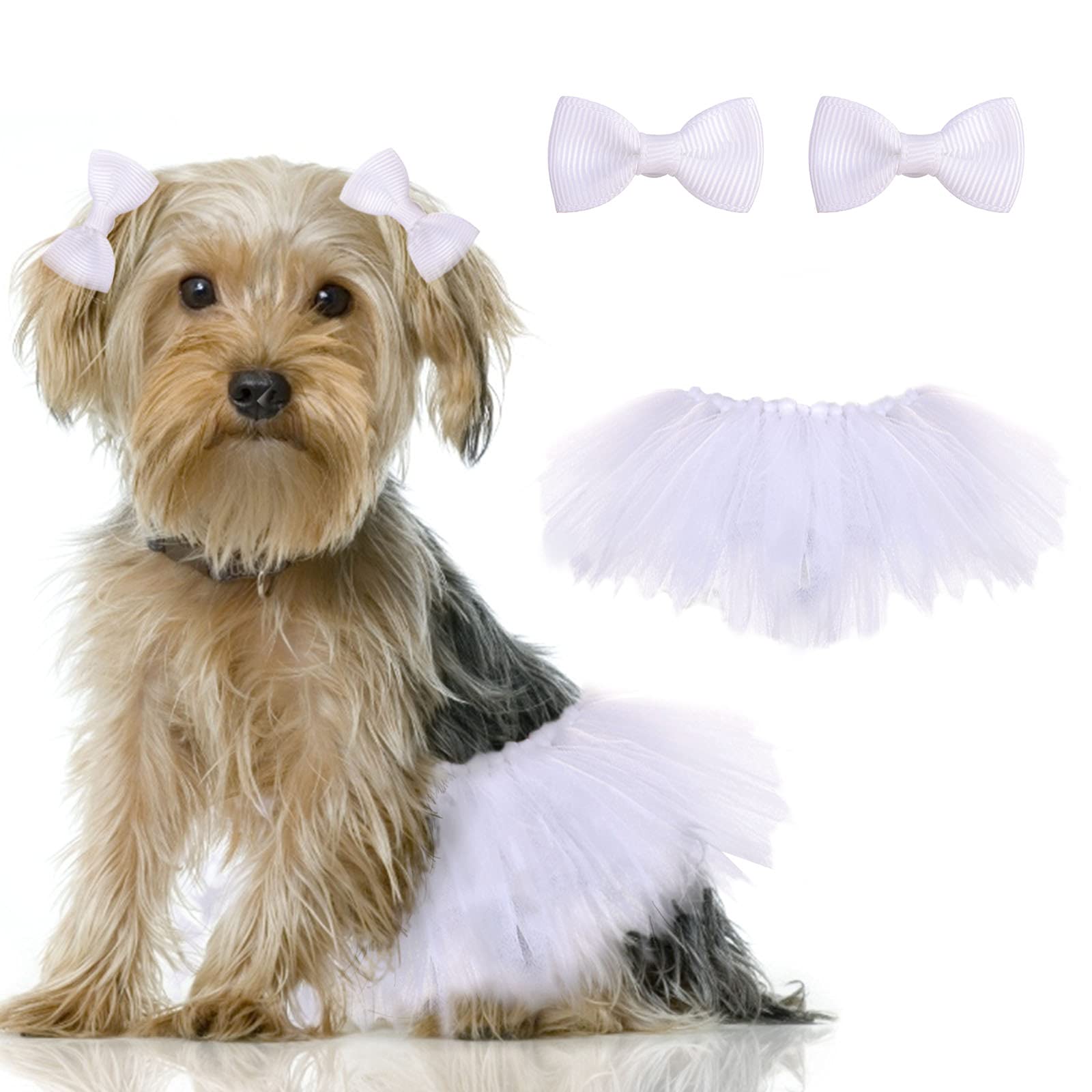 HACRAHO Dog Tutu Skirt, 1 Pack Dog Wedding Tutu Dress with 1 Piece Dogs Hair Bow Pet Tulle Tutus for Small Medium Dogs Girl, White