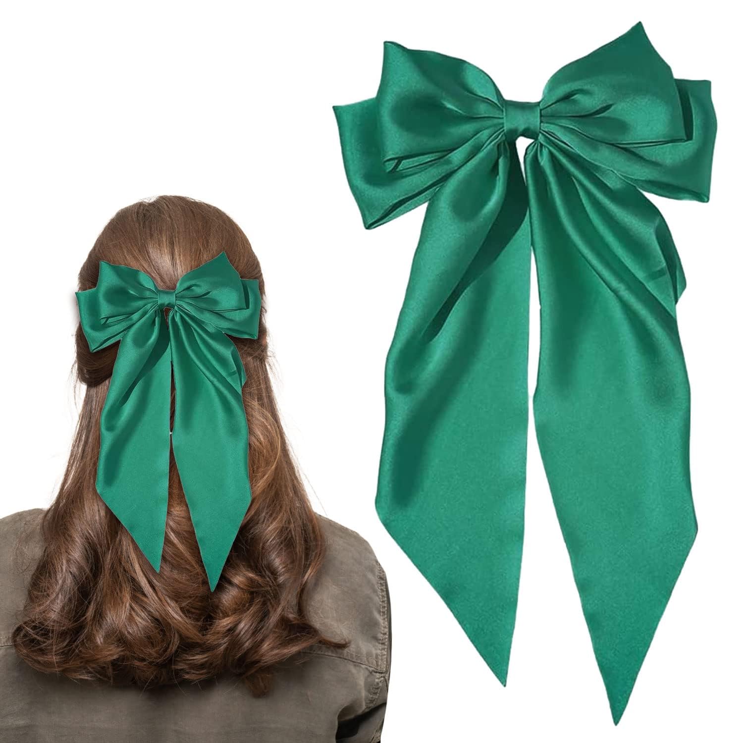 LECTNORE Green Hair Bow - Large Bowknot Hair Clip for Women, Satin Silky Ribbons with Long Tail, French Barrette Hair Accessory for Girls Ponytail Holder — image 1