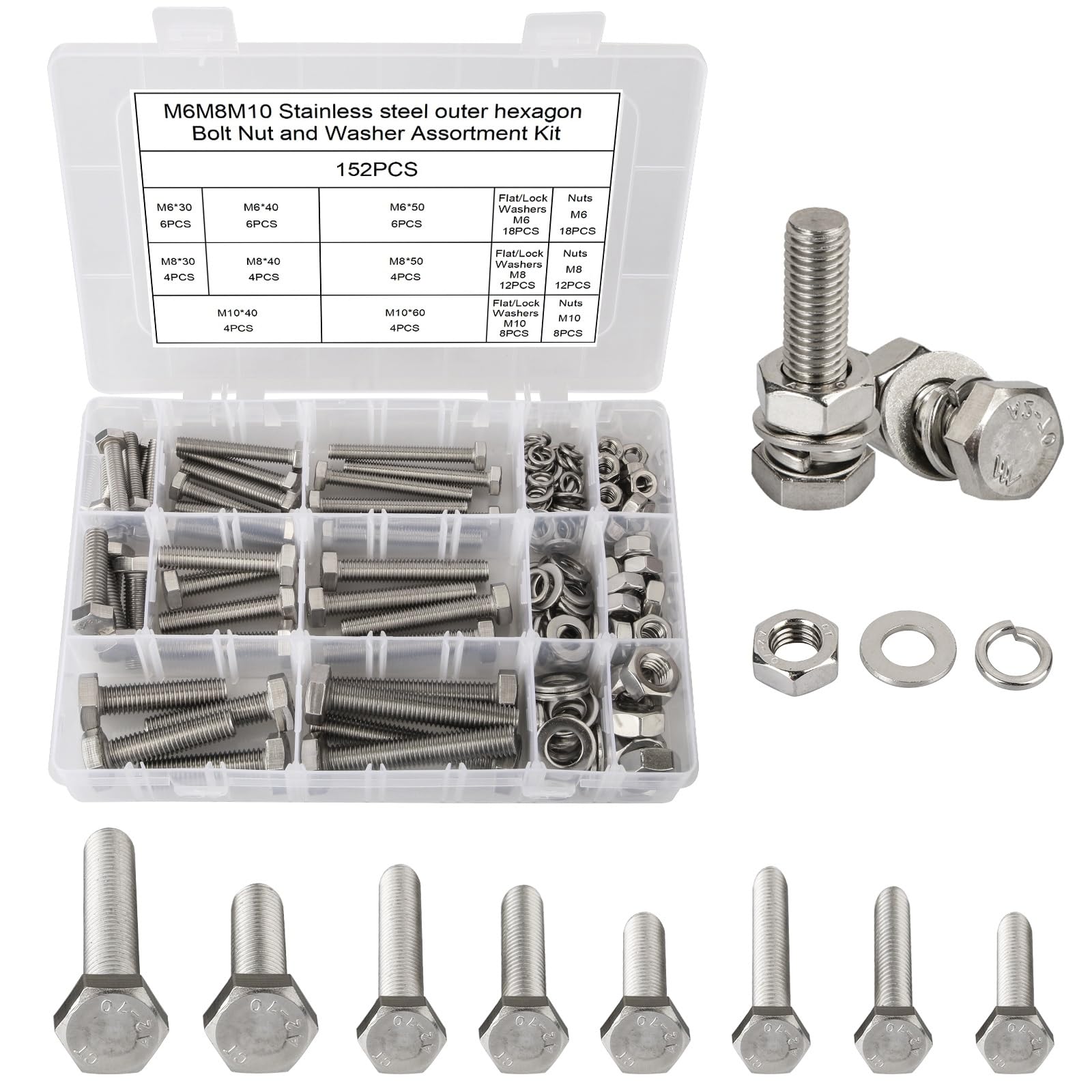 CYLBAQ 152PCS M6 M8 M10 Nuts and Bolts Set, 304 Stainless Steel Hex Head Nuts and Bolts Assortment Kit, Assorted Screws Bolts Nuts and Washers Kit Hexagon Machine Screws — image 1