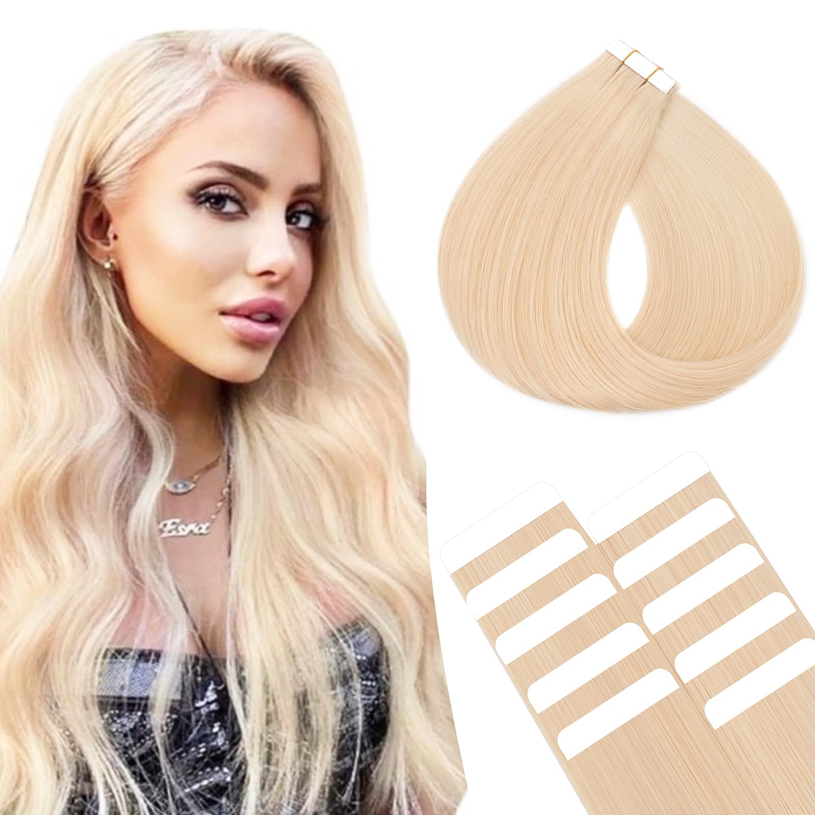 SEGOHAIR 10Pcs Human Hair Tape in Extensions, 16" Thin Tape Hair Extensions, Human Hair Extensions with 5 pcs Replacement Tape Platinum Blonde(15g) — image 1