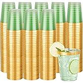 supernal 100 Pack Green Plastic Cups - 10 Oz Clear Green Plastic Disposable Cups with Gold Trim,Heavy Duty & BPA-free for Wedding,Cocktail,Birthday,Party & Elegant Events,Disposable Cocktail Glasses