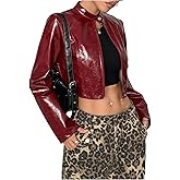 Verdusa Women's Leather Cropped Jacket Motorcycle Bomber Jackets Y2k Zip Up Outerwear Streetwear
