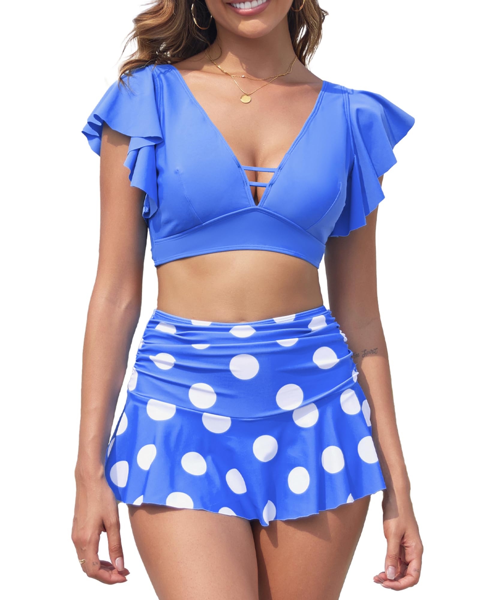 Photo 1 of (SMALL) (BAGGED) Pfreesea Tankini Swimsuits for Women 2 Piece Bathing Suits Tummy Control Ruffle Bestselling Bikini 2025 Swim Suit with Skirt Blue