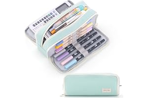 CICIMELON Pencil Pen Case 3 Compartments Pencil Pouch Big Capacity Canvas Pen Bag Gift for Students Girls Boys Adults, Mint