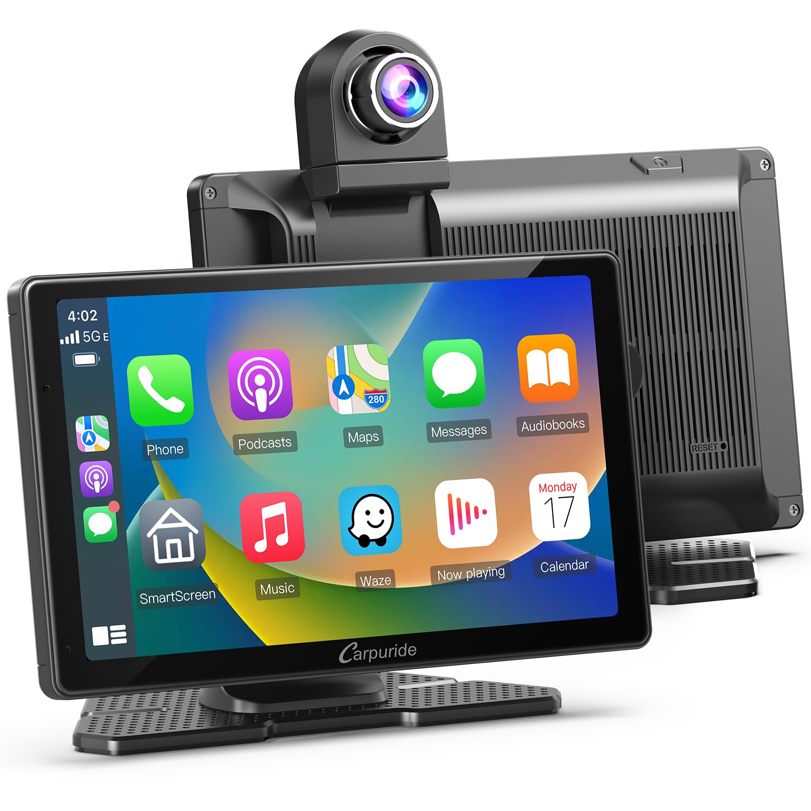 Carpuride W703 Portable Wireless Carplay & Android Auto with Dash Cam-7" HD IPS Screen, 4K Front Cam & 1080P Backup Cam, Loop Recording,Bluetooth,Mirror Link,GPS,Siri,Play Music,Dashboard Mounted