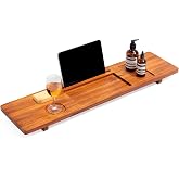 RealGulf 35 Inch Teak Bathtub Tray for Freestanding Tubs, Luxury Bath Caddy | Heavy-Duty Non-Slip Zero-Wobble Design, Water-Resistant Spa Organizer with Wine Glass &amp; Phone Holder