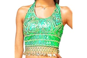 GRAEEN Belly Dance Sequin Crop Top Coin Tassel Rave Carnival Costume Bra Tops for Women