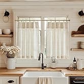 jinchan Linen Pinch Pleated Kitchen Curtains 36 Inch 2 Panels, Natural Linen Tier Curtains Back Tab Beige Farmhouse Cafe, Lig