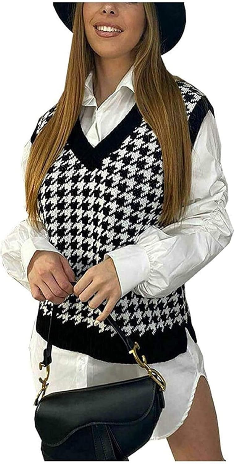 G3 Women's Dogtooth V Neck Knitted Vest Ladies Sleeveless Jumper