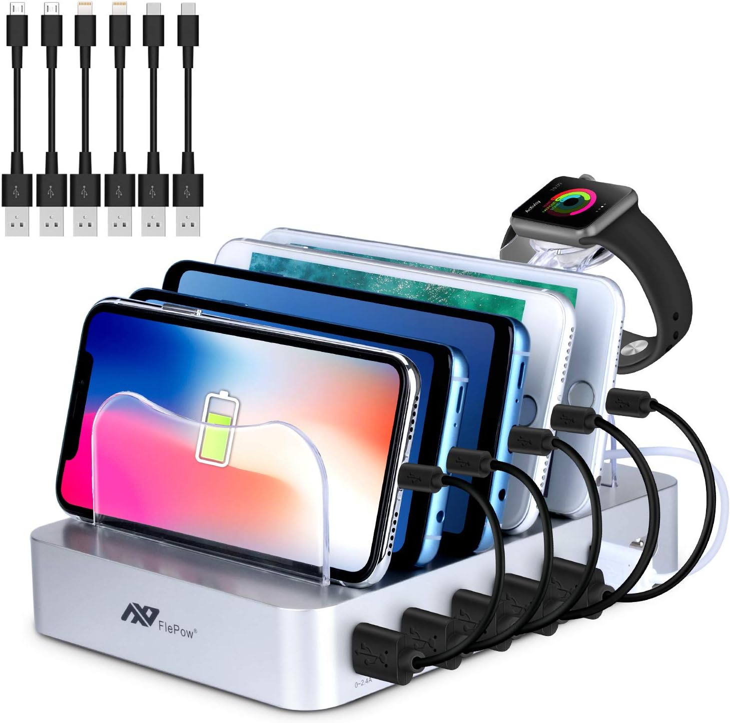 6 Ports USB Charging Station - 50W Fast Charging Stand with Smart Identification Technology, Universal and Compact Charging Organizer for iPhone/iPad/Samsung/Tablet/Kindle and More