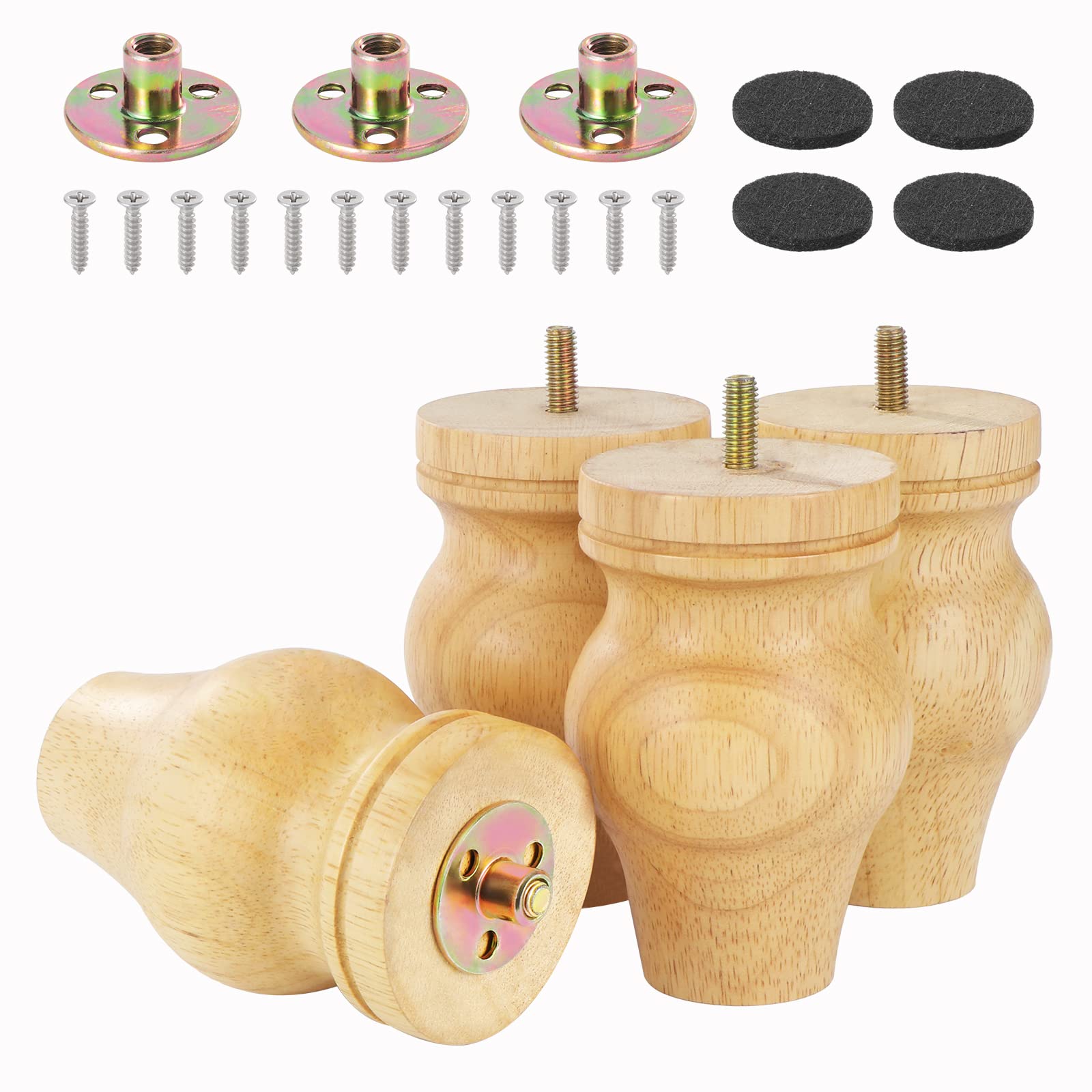 Moendergo 4 Pcs 13.5cm Wooden Furniture Legs, Replacement Solid Beech Wooden Sofa Leg Couch Leg Table Dresser Legs with Screws Mounting Plate and Anti-Slip Protector (Origlnal (Bun))