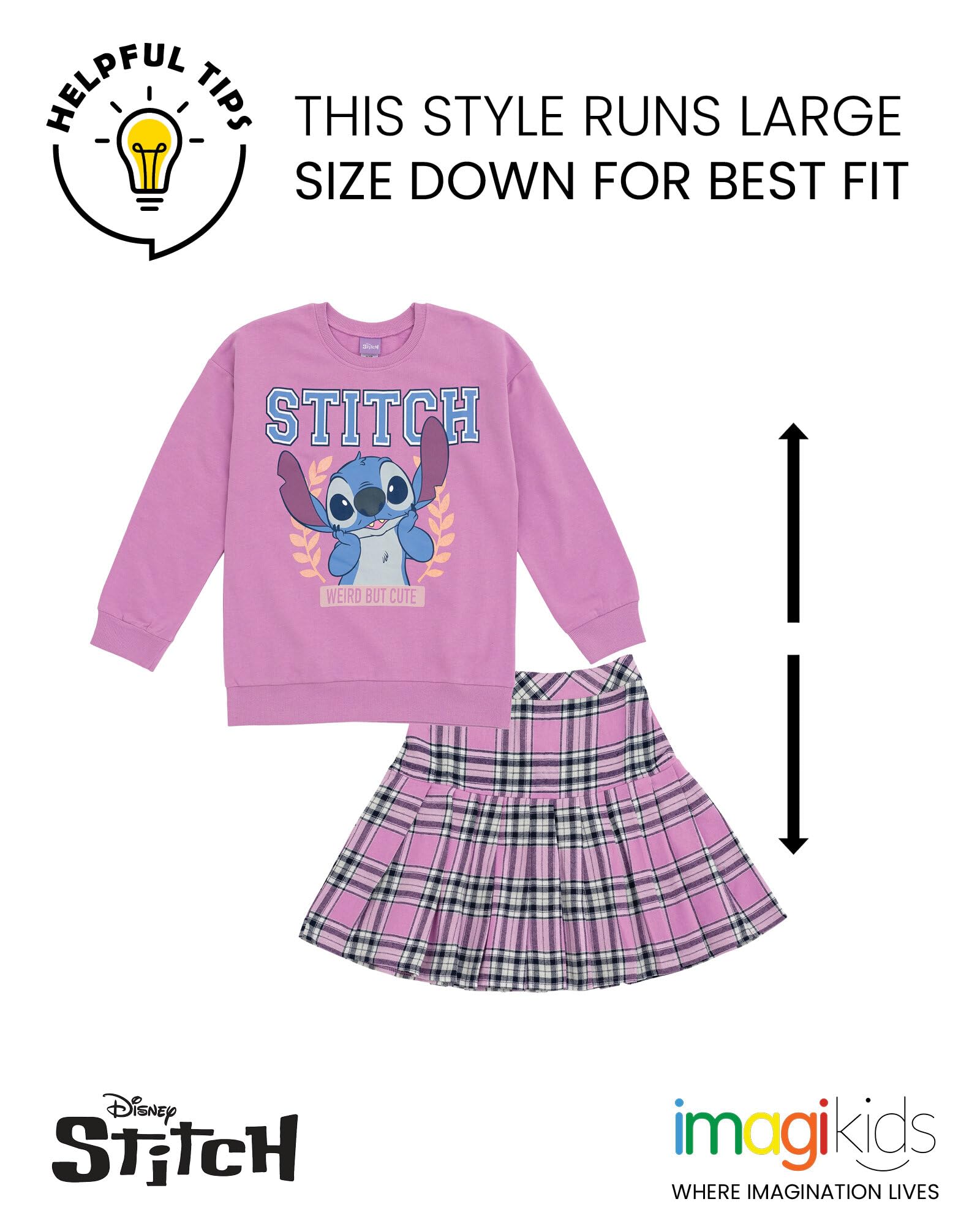 Disney Minnie Mouse Lilo & Stitch Girls Fleece Sweatshirt and Plaid Pleated Skirt Toddler to Big Kid Sizes (2T - 14-16)