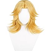 Half and Half Short Blonde Anime Game Cosplay Wig 17.7'' Golden Yellow Movie Manga Costume Wigs Blonde Center Part Spiky Layered Wigs for Women Halloween Party Daily