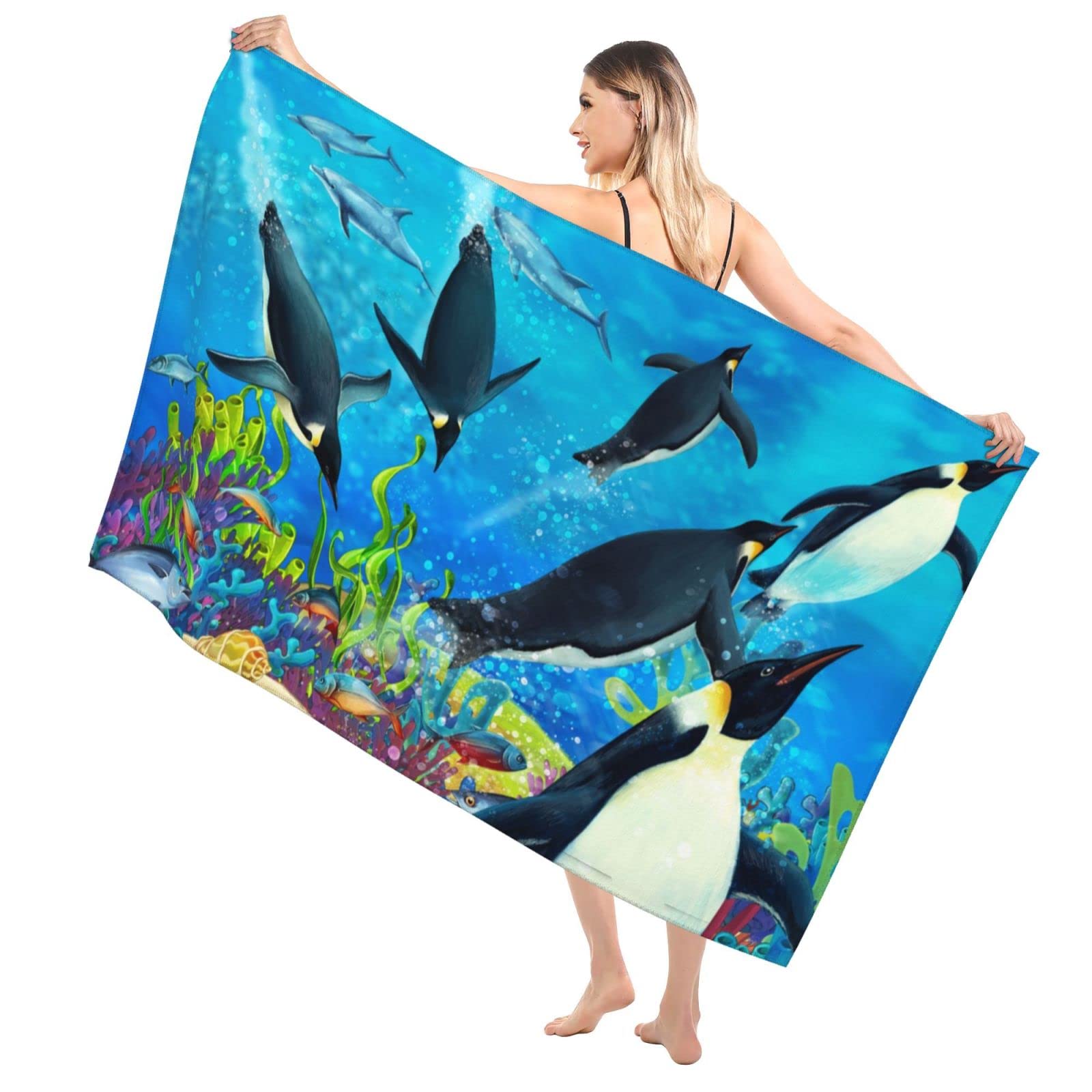 Photo 1 of Beach Towel Cute Penguin Towel Blue Sand Free Oversized Cool Beach Towel for Women Men Kids,Quick Dry Highly Absorbent Bath Towel for Swim/Surf/Bath/Pool,The Underwater World, (32"x52")