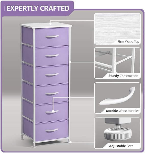 SORBUS FABRIC DRESSER FOR KIDS BEDROOM – CHEST OF 6 DRAWERS, TALL STORAGE TOWER, CLOTHING ORGANIZER, FOR CLOSET, FOR PLAYROOM, FOR NURSERY, STEEL FRAME, FABRIC BINS – WOOD HANDLE (PURPLE)