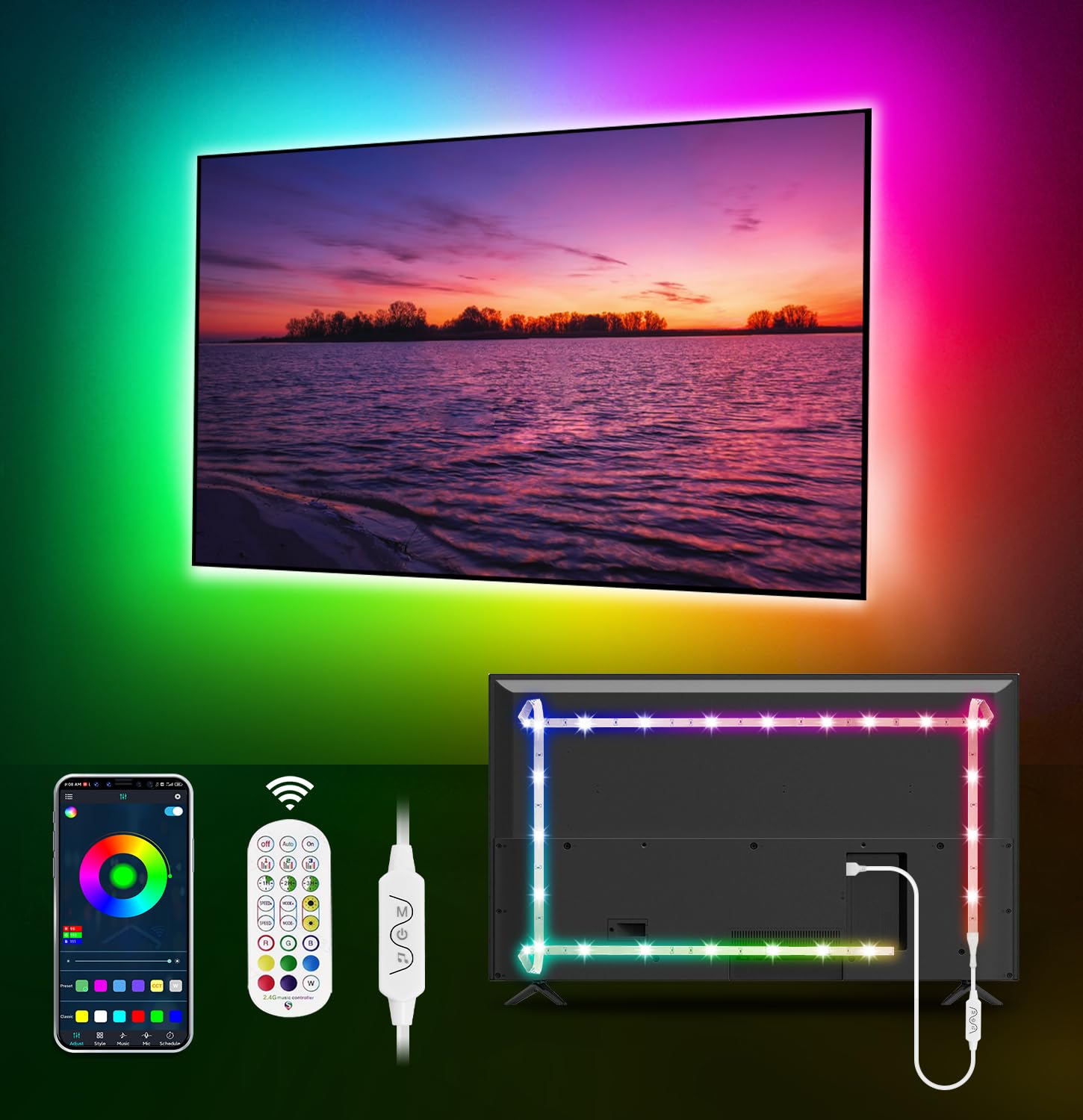 MATICOD TV LED Lights, 4M TV Lights for 45-60in TVs, Music Sync RGB TV Backlight USB LED Strip Lights with Remote and App Control for Christmas Decorations