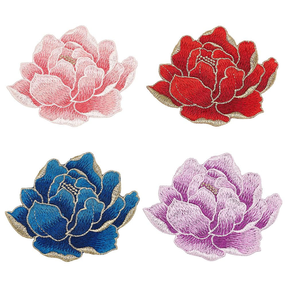 FINGERINSPIRE 4Pcs Peony Flower Embroidery Patches Pink Red Blue Purple Floral Sew on Cloth Applique 12x9.5cm Polyester Paeonia Sewing Patch Floral Embroidered Patches Clothing Repair Decor Pacth