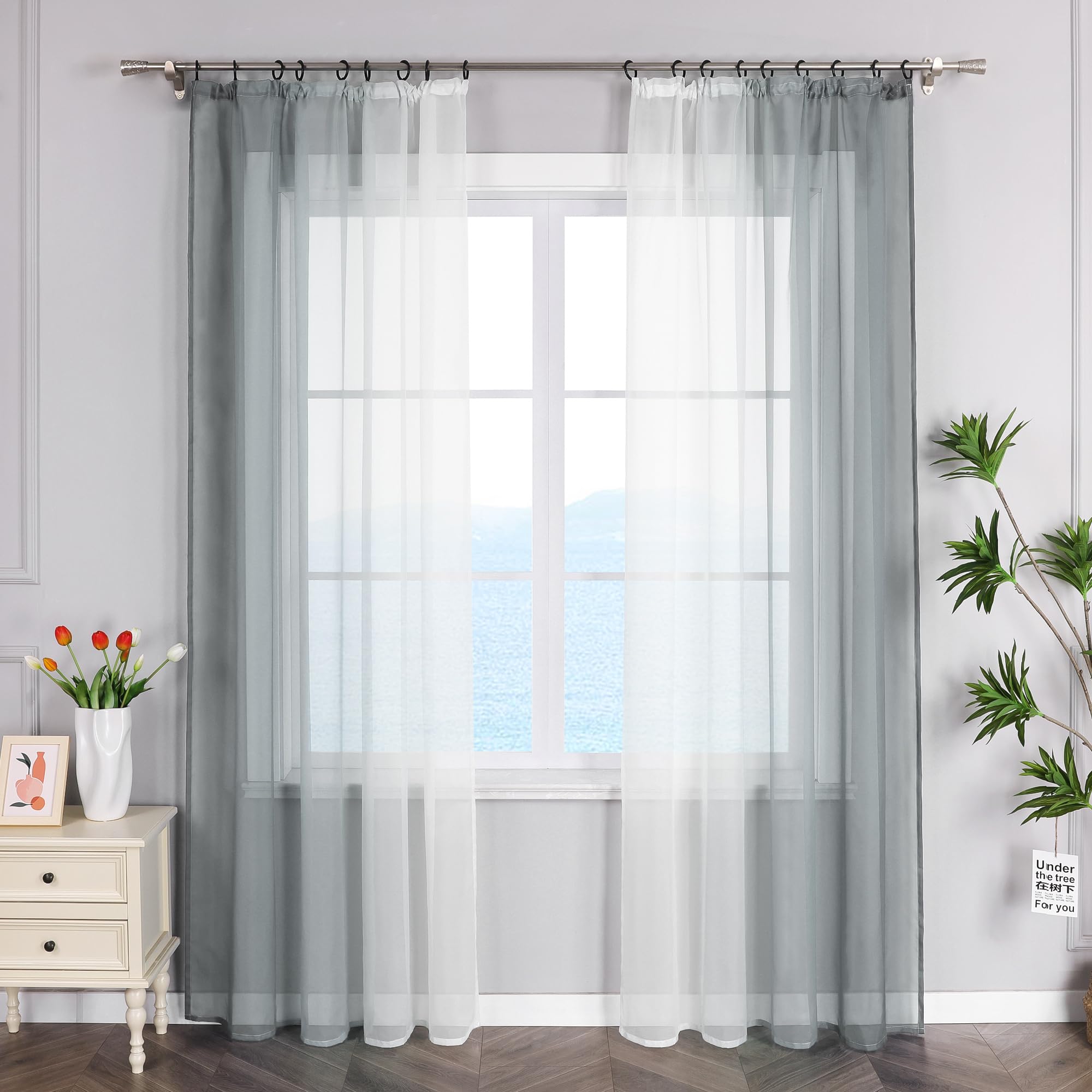 ESLIR Curtains with Ruffle Tape Transparent Curtains Gradient Voile Grey W x H 140 x 245 cm Pack of 2