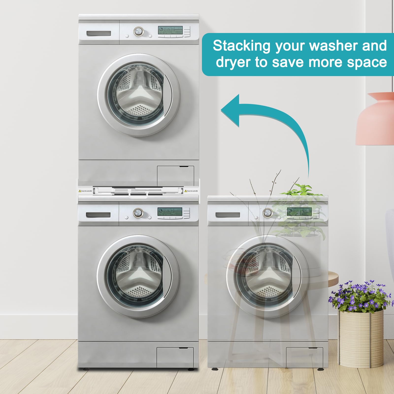 NIUXX Zwischenbaurahmen trockner waschmaschine, Verbindungsrahmen Waschmaschine Trockner Universell, Stapelset mit Abnehmbares Regalbrett für alle Marken mit Breite von 53-68cm, weiß 6