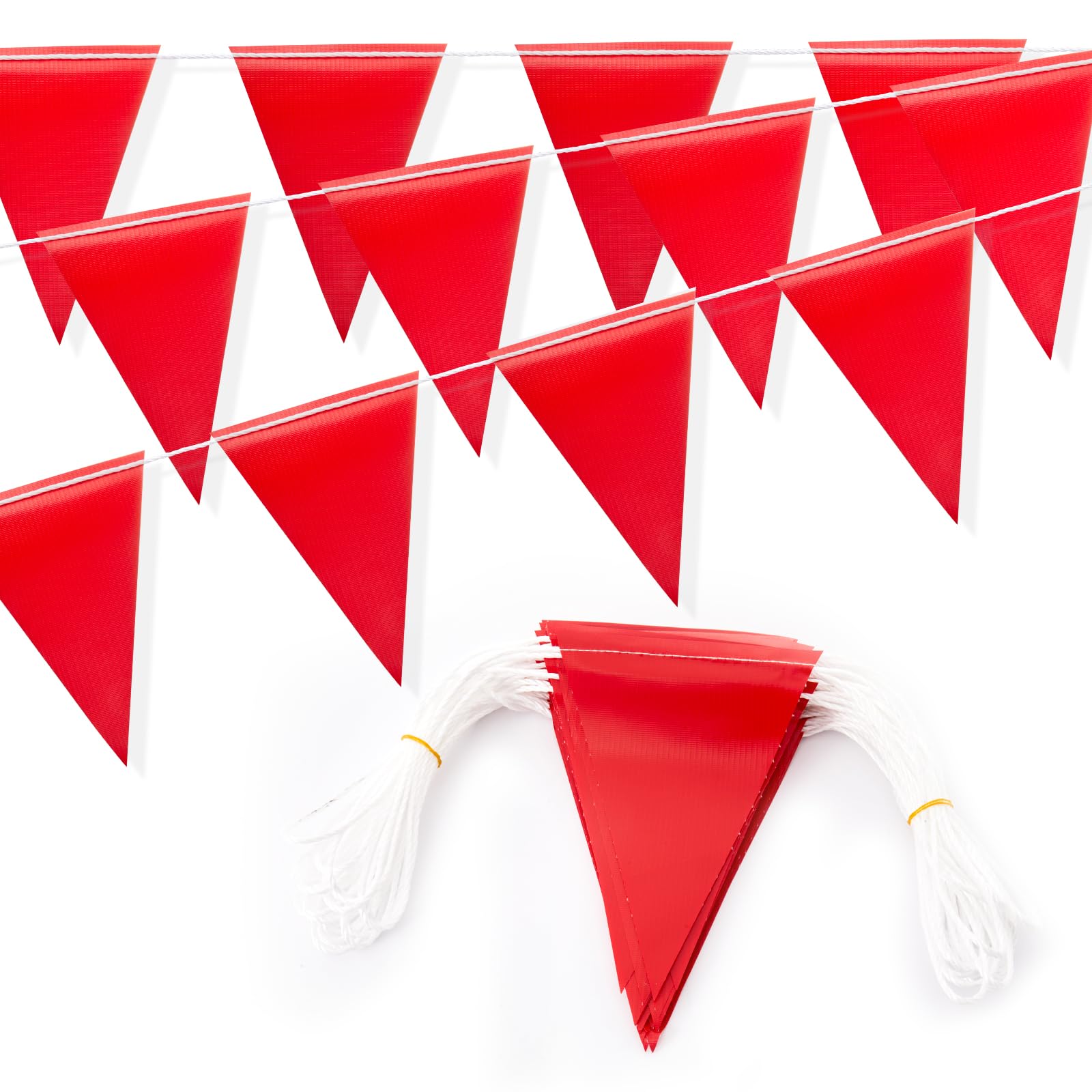 Photo 1 of 105FT Safety Warning Pennant Banner Flags – Multipurpose OSHA High Visibility Triangle Flags for outside fence, Roadwork, Party and Hazard Areas(RED,45pcs,105FT)