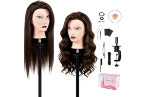 TOPDIRECT Mannequin Head with 80% Human Hair,26''Chestnut Brown Real Hair Cosmetology Mannequin Manikin Head Hair Styling Hairdressing Practice Doll Head Training Head with Clamp Holder and Tool (Brown Eyes)