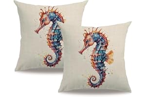 7COLORROOM Sea Pillow Covers 18x18 Inch Ocean Animals Sea Horse Cushion Case Coastal Beach Theme Farmhouse Summer Decoration 2Pack Square Pillowcase for Patio Couch Sofa (Orange)