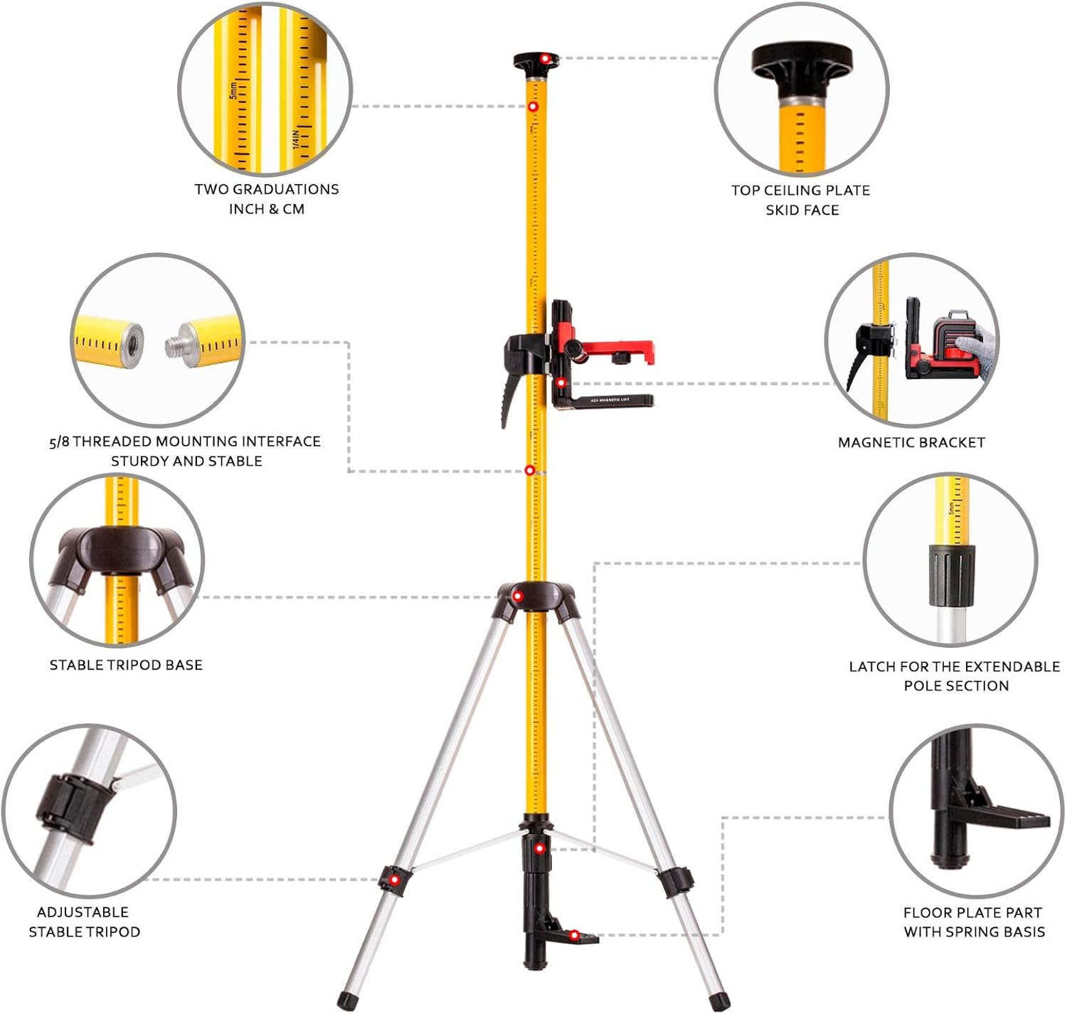 ADA Laser Level Telescoping Mounting Pole 3.7m/12ft with Tripod for Rotary and Line Lasers