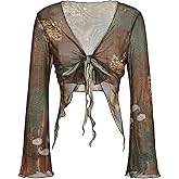 OYOANGLE Women's Graphic Long Sleeve Tie Front Sheer Mesh Top Y2k Hippie Wrap Crop Cardigan