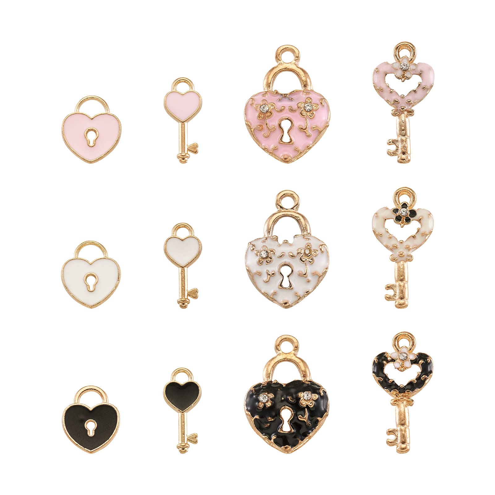 PandaHall 60pcs Heart Lock And Key Charms Mini Alloy Enamel Padlock & Heart Key Pendants with Rhinestone Light Gold Plated for Valentine's Day Locked Bracelet Necklace Jewelry Making, White