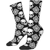 JKJOJIA Vintage Skull Black White Novelty Socks For Men Women, Funny Crazy Crew Socks Casual Dress Socks Gifts