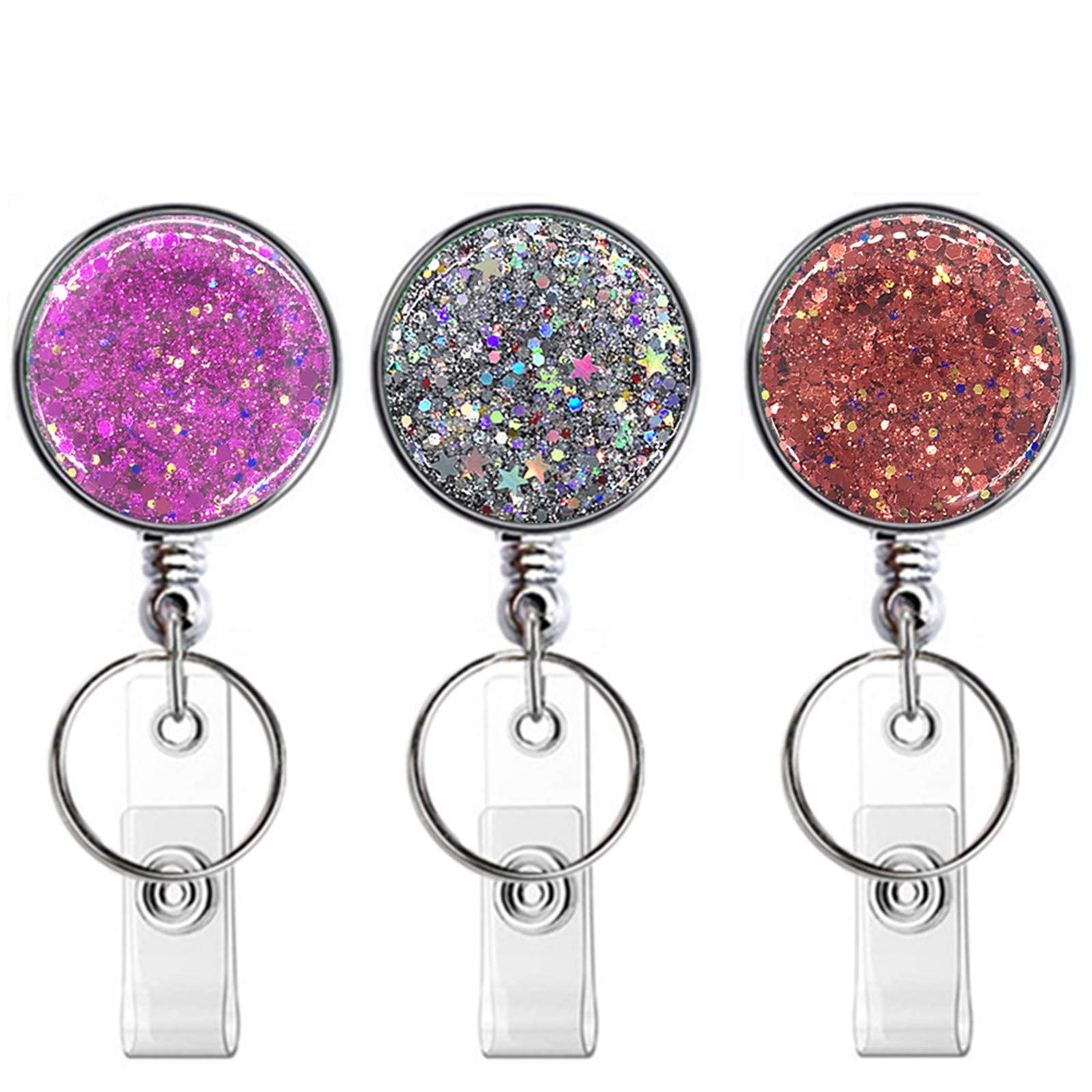 Retractable Badge Holder, Lightweight Plastic Badge Reel Retractable Card Holder with Key Ring Backing Belt Clip for Nurse,Volunteer,Teacher,Student,Office (Pretty Sliver Red Purple-UK) — image 1