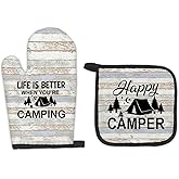 FIicy Happy Camper Gifts Oven Mitts and Pot Holders Sets, Camping Rv Kitchen Accessories Sets, Life is Better When You’re Camping Heat Resistant Oven Glove Potholders for Kitchen Cooking Baking BBQ