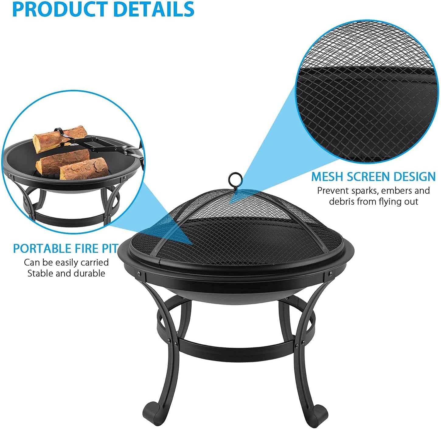 Outdoor 22 Inch Fire Pit Fireplace Steel Burning Patio Bonfire Bowl BBQ Grill Firepit with Spark Screen and Fireplace Poker for Backyard Garden Camping Bonfire Patio (22 Inch) : Garden & Outdoor