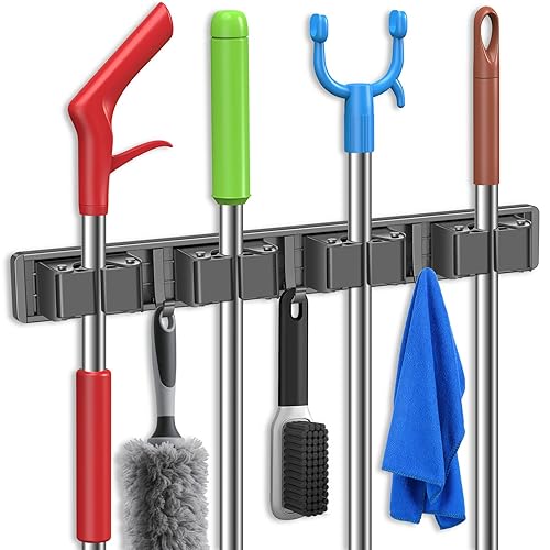 KQUQK Broom Holder Wall Mount, Mop and Broom Hanger Wall Mount for Organizing and Storing Items in Household Kitchens, Gardens, Laundries (4 Racks & 3 Hooks, Grey)