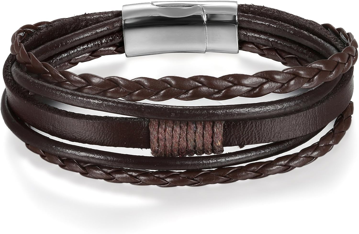 JewelryWe Jewelry Bracelets Man Biker, Casual Leather Braided Bracelet with Magnetic Closure, Retro Vintage Original Gift for Man, Black Brown - Image 4