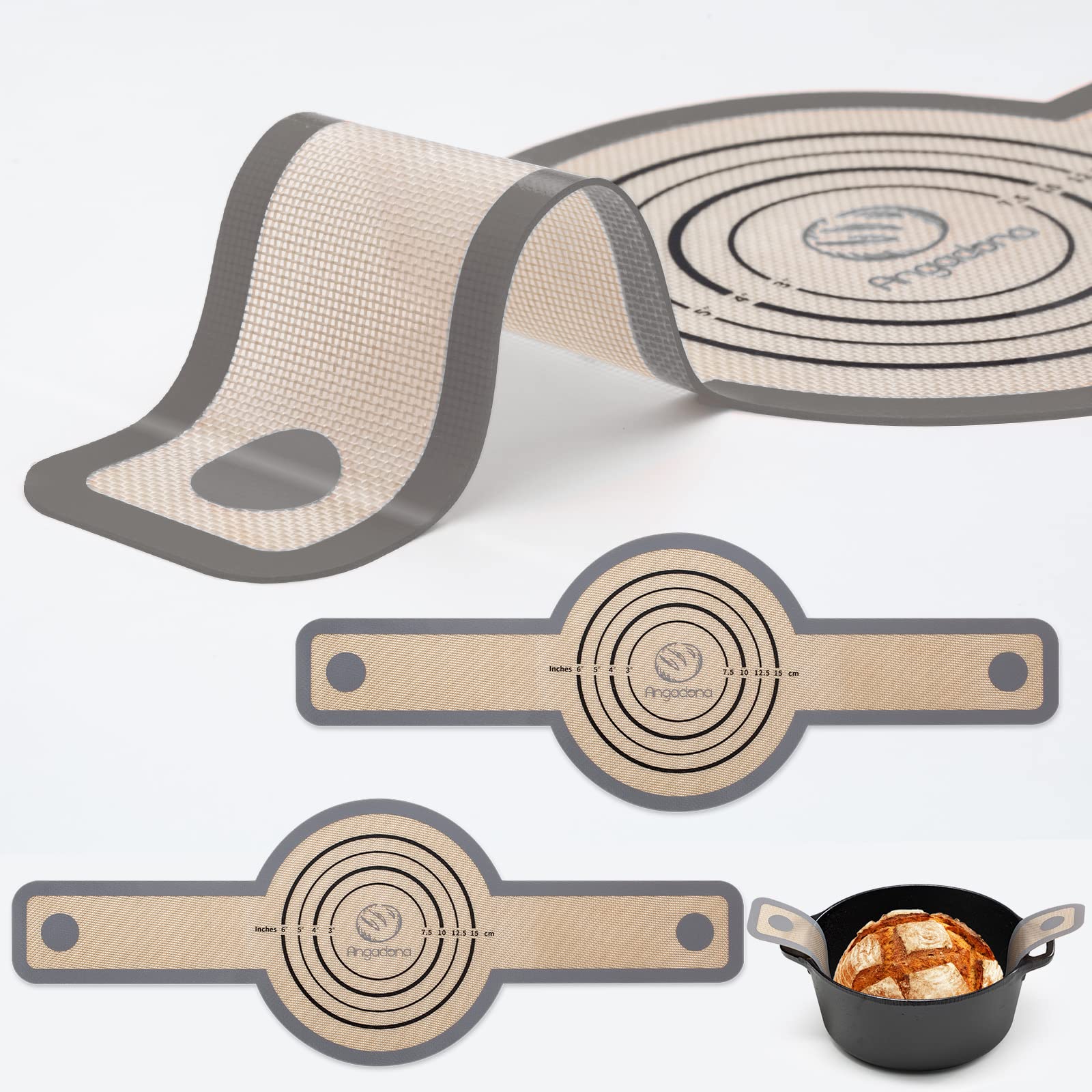 Silicone Bread Sling Dutch Oven - Best Japan Silicone. Non-Stick & Easy Clean Reusable Bread Baking Mat. With Extra Long Handles Bread Baking Sheet Liner, 2 Grey Set for Transferable Dough