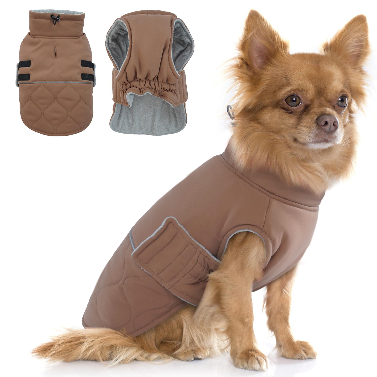 Hjumarayan Chihuahua Coat - Quilted Dog Winter Coats Water-resistant, Harness Hole, Reflective, Warm Jacket Fleece Lined for Pomeranian, Yorkshire Terrier, Toy Poodle (Brown XS) โ image 1