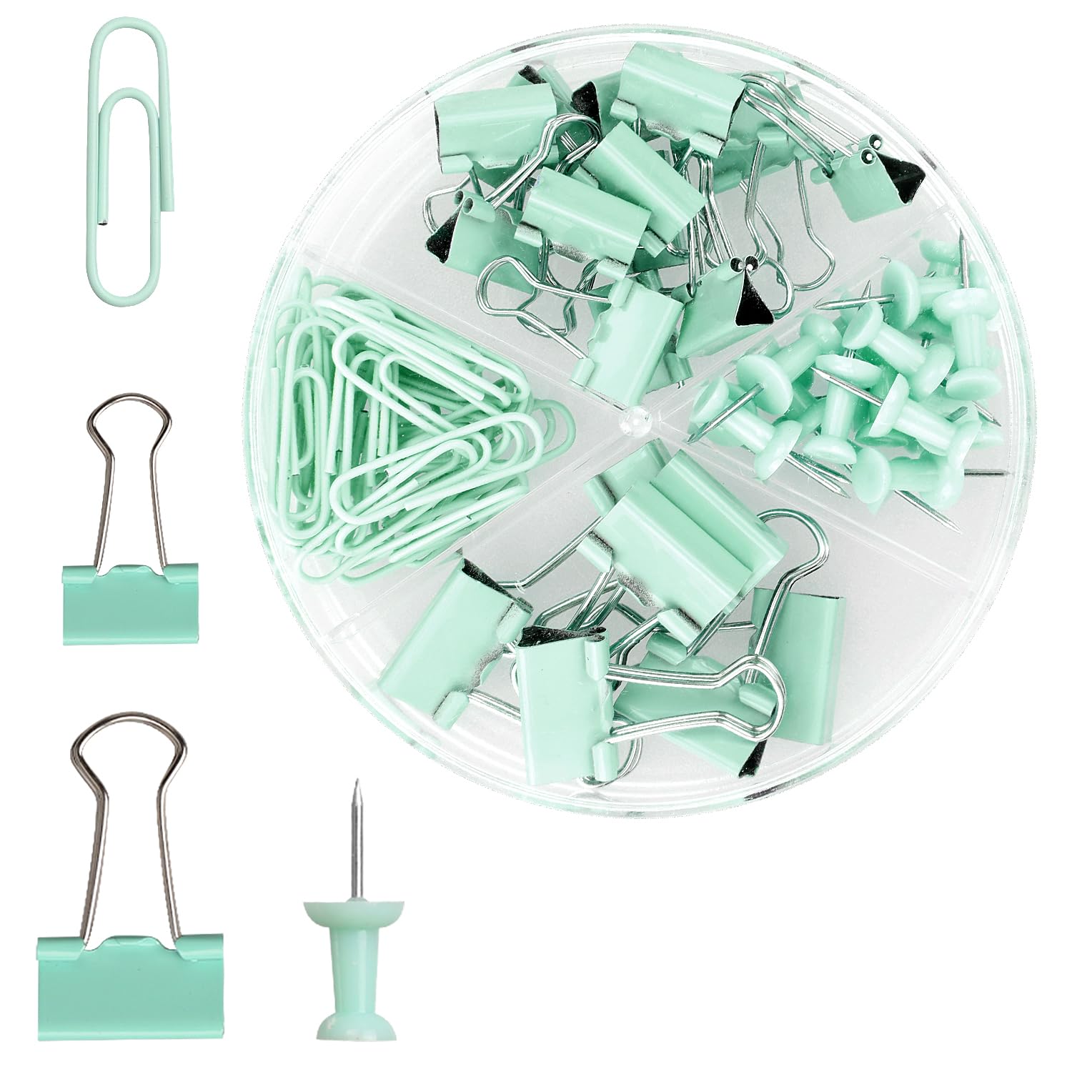 Rumyve 72PCS Binder Clips and Push Pins Set - Office Supplies Kit with Storage Box, Ideal for Home, School, and Office Use(Green)