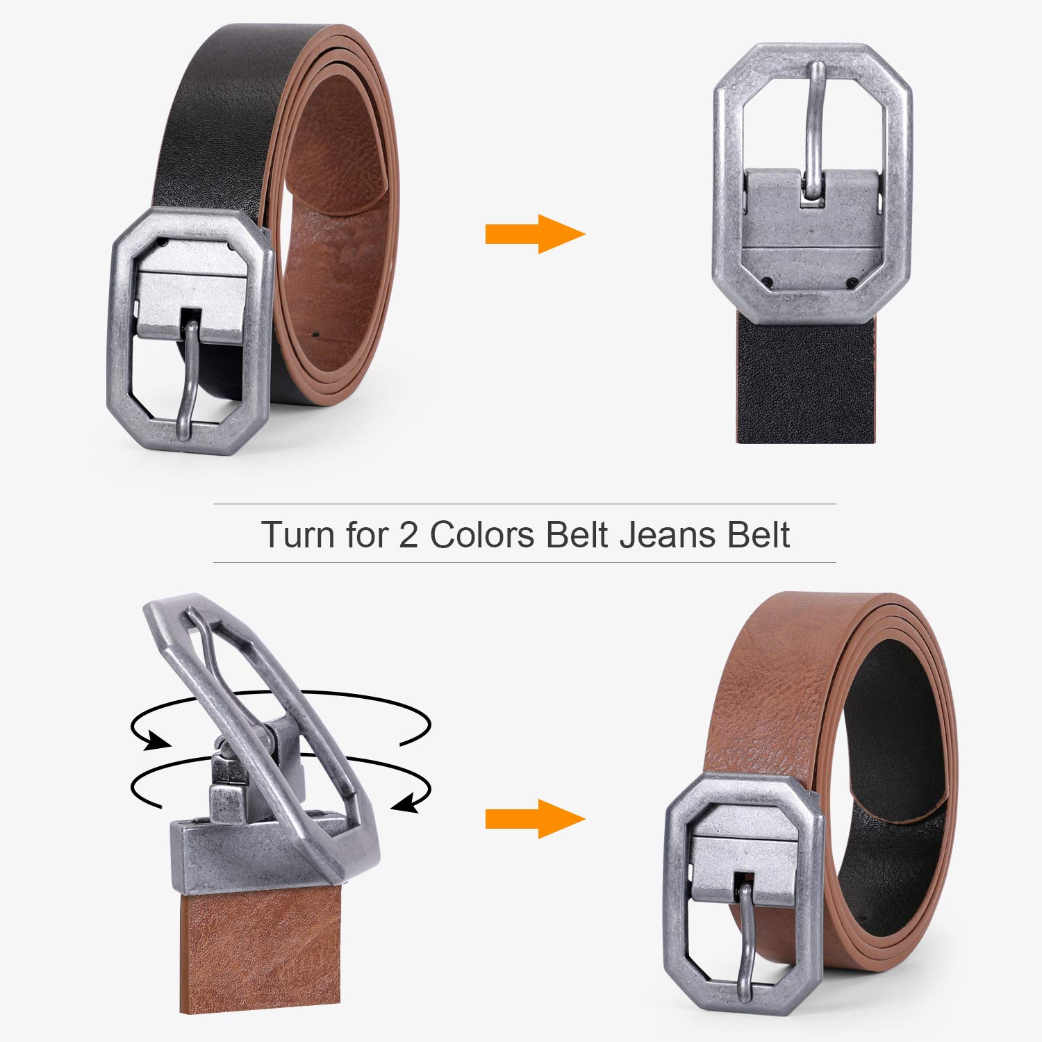 WHIPPY Reversible Women/Men Belt Leather Dress Belts for Jeans Pants Rotating Buckle for 2 Colors,Black+Brown,Suit Pants 36-40 Inches