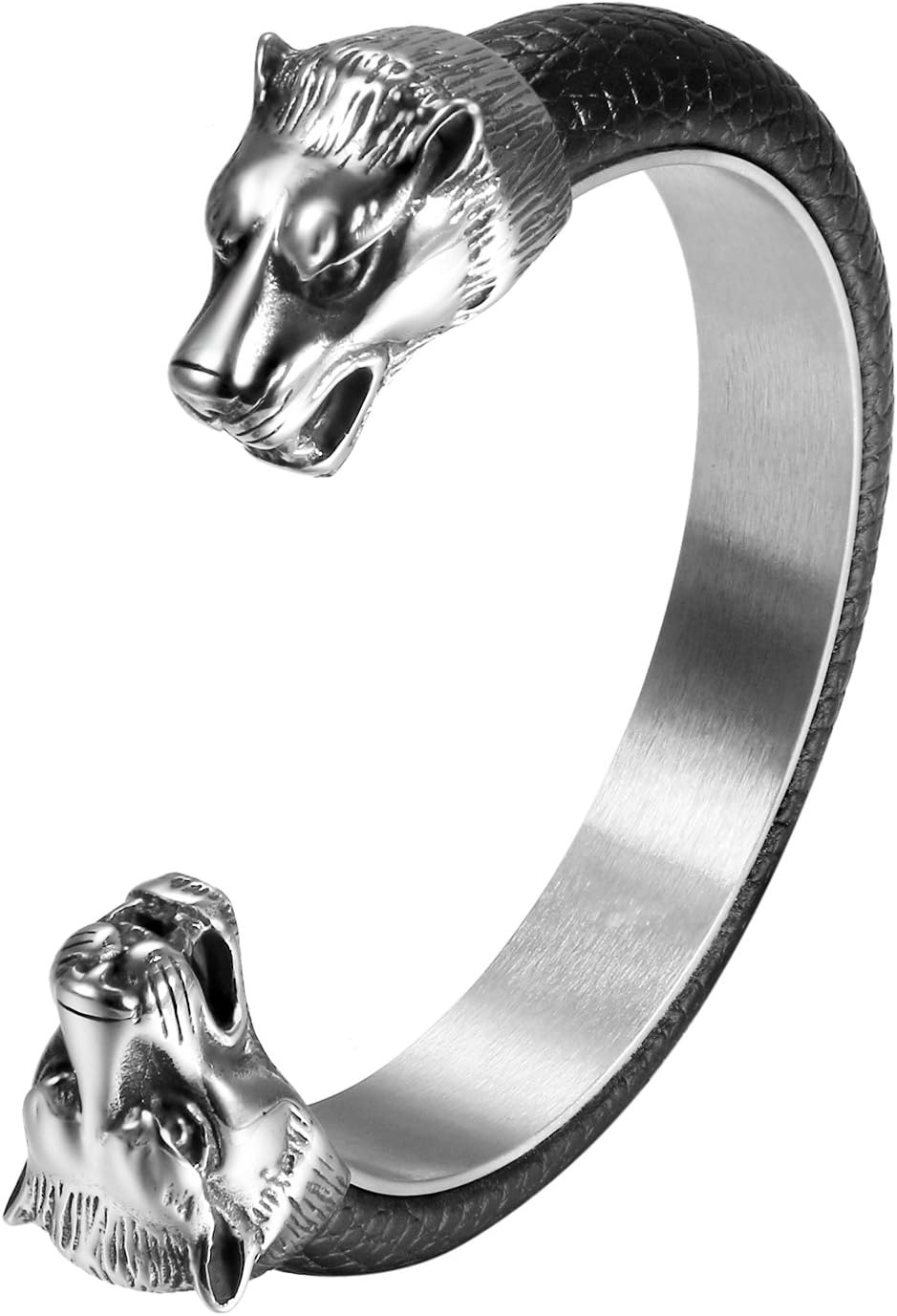 OIDEA120MM Stainless Steel Bikers Double Wolf,Dragon Head Open Cuff Bangle Bracelet,Inalided with Black Leather,Inner Diameter 2.5 Inch