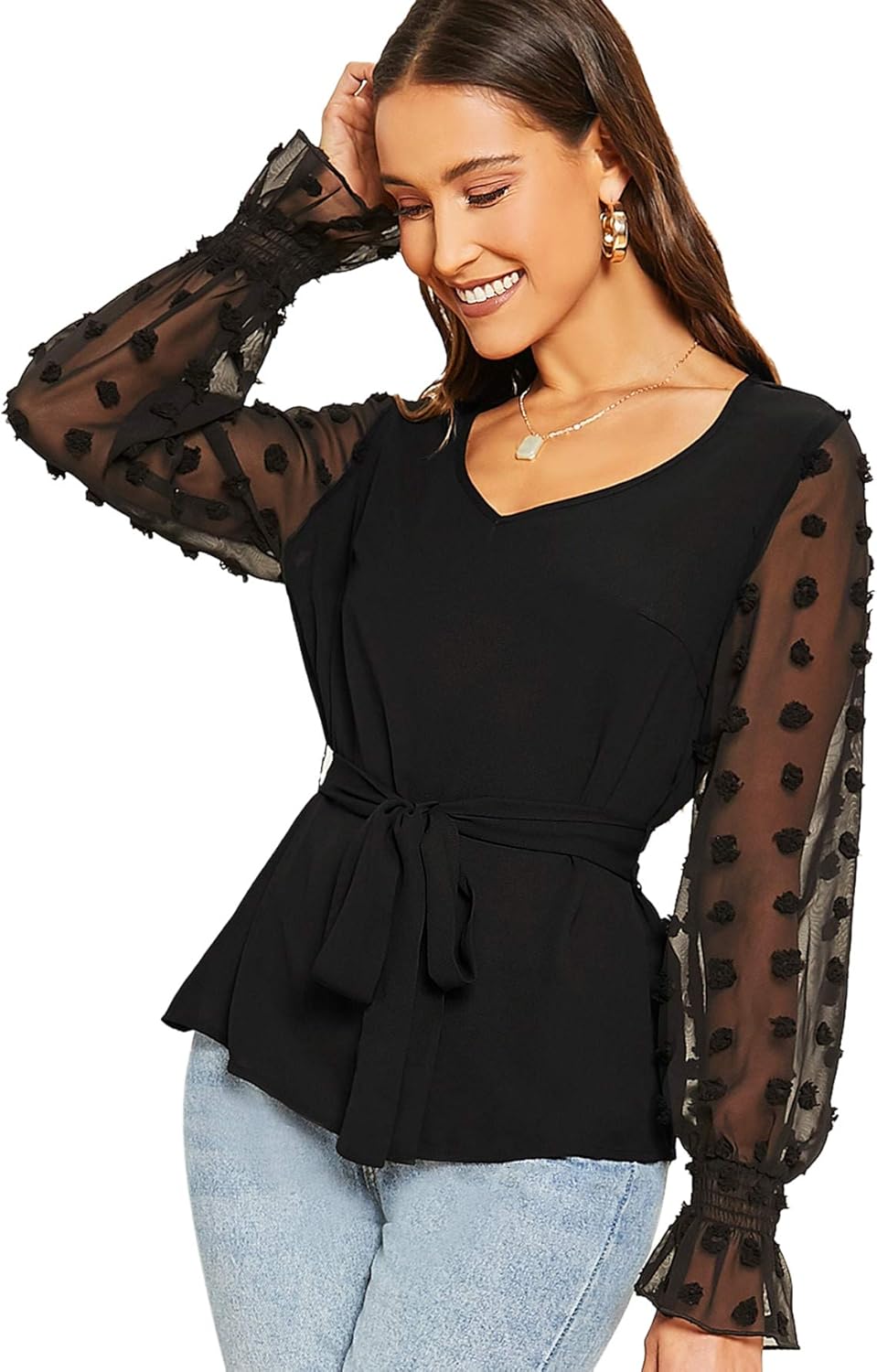 Milumia Women Elegant Swiss Dot Flounce Long Sleeve Belted Office Blouse Tops