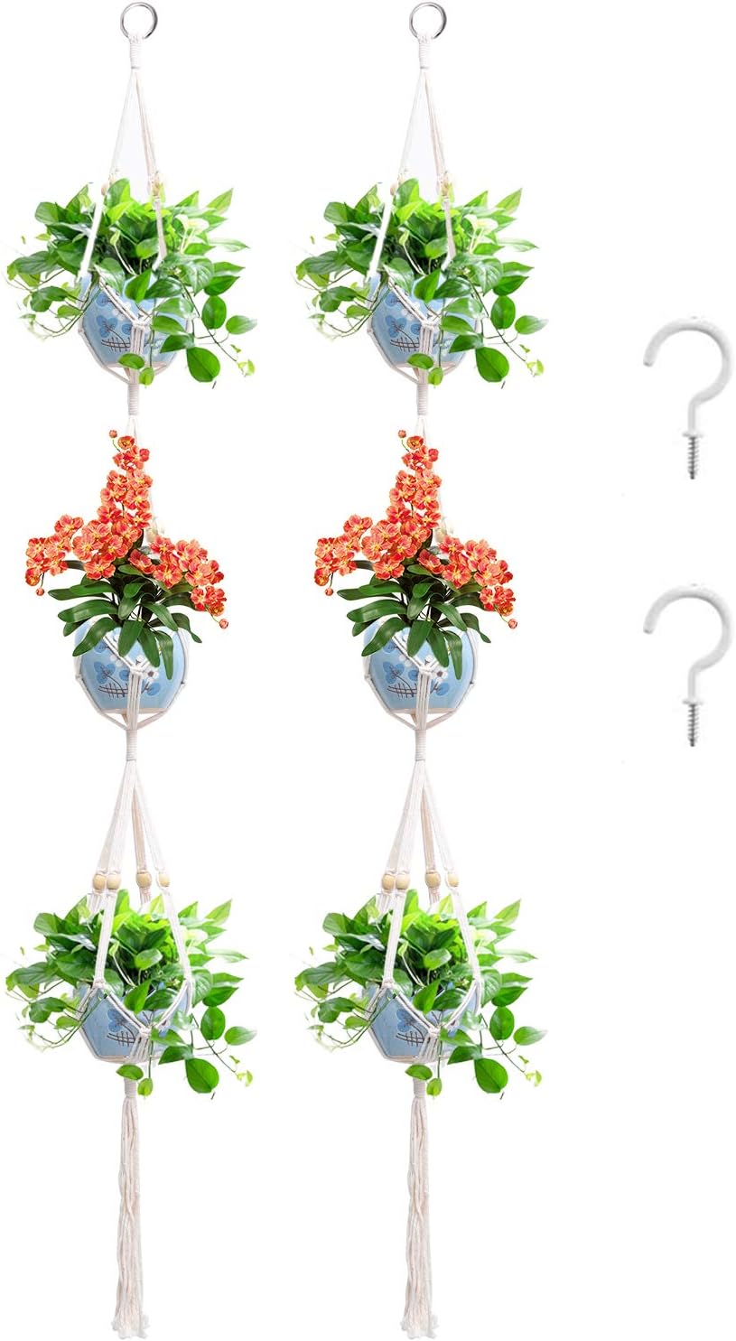 Plant Hangers, 3 Tiers Wall Hanging Planter Indoor and Outdoor with Beads and Ceiling Hooks(Set of 2)