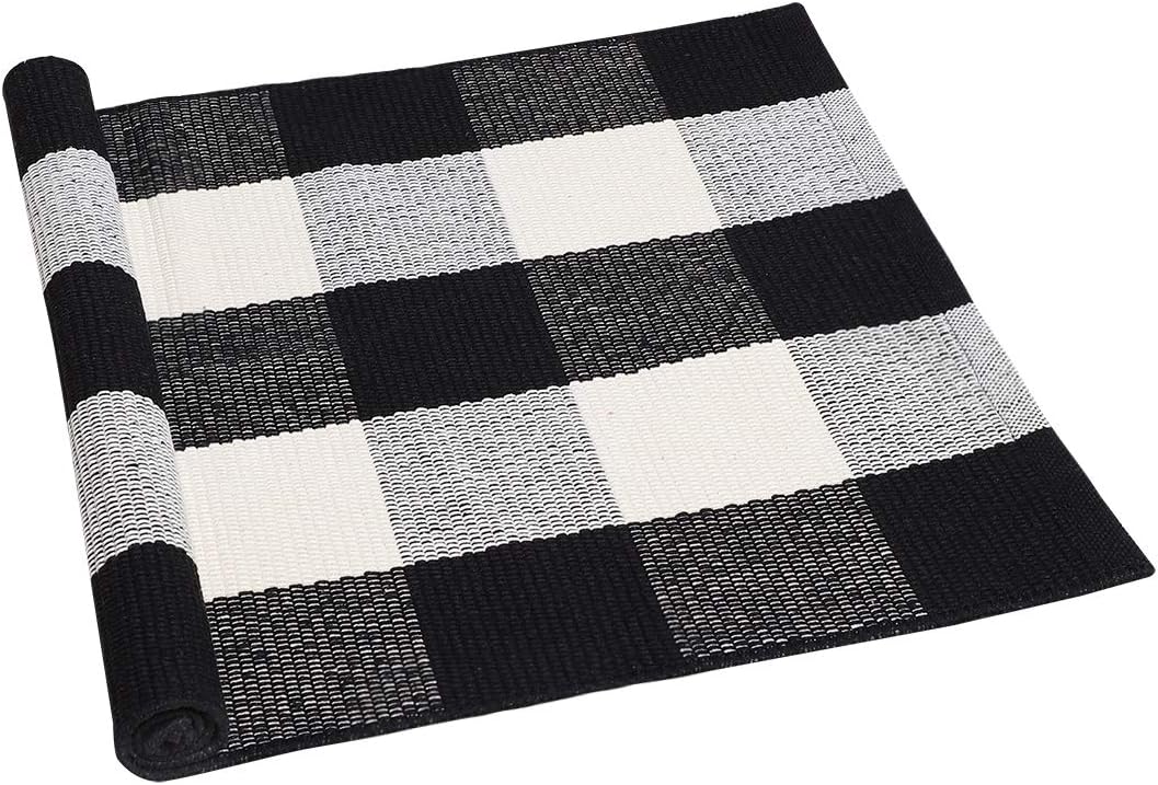 uxcell Cotton Plaid Area Floor Rugs Carpet Indoor Outdoor, Woven Washable Buffalo Checkered Mat Rugs, Retro Doormat Runner Rug for Front Porch Black and White 27.6 X17.7 Inches