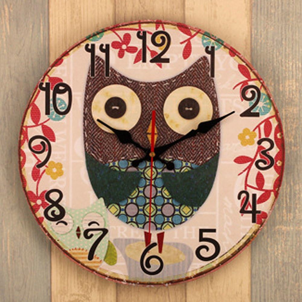 KKLOCK Wall Clock Mute Movement Sweep Second Slient for Living Room Bedroom Kitchen AA Battery Retro Industrial Night Owl Pattern Antique with Abric numerals 14 Inch (Battery not included) [Energy Class A+]
