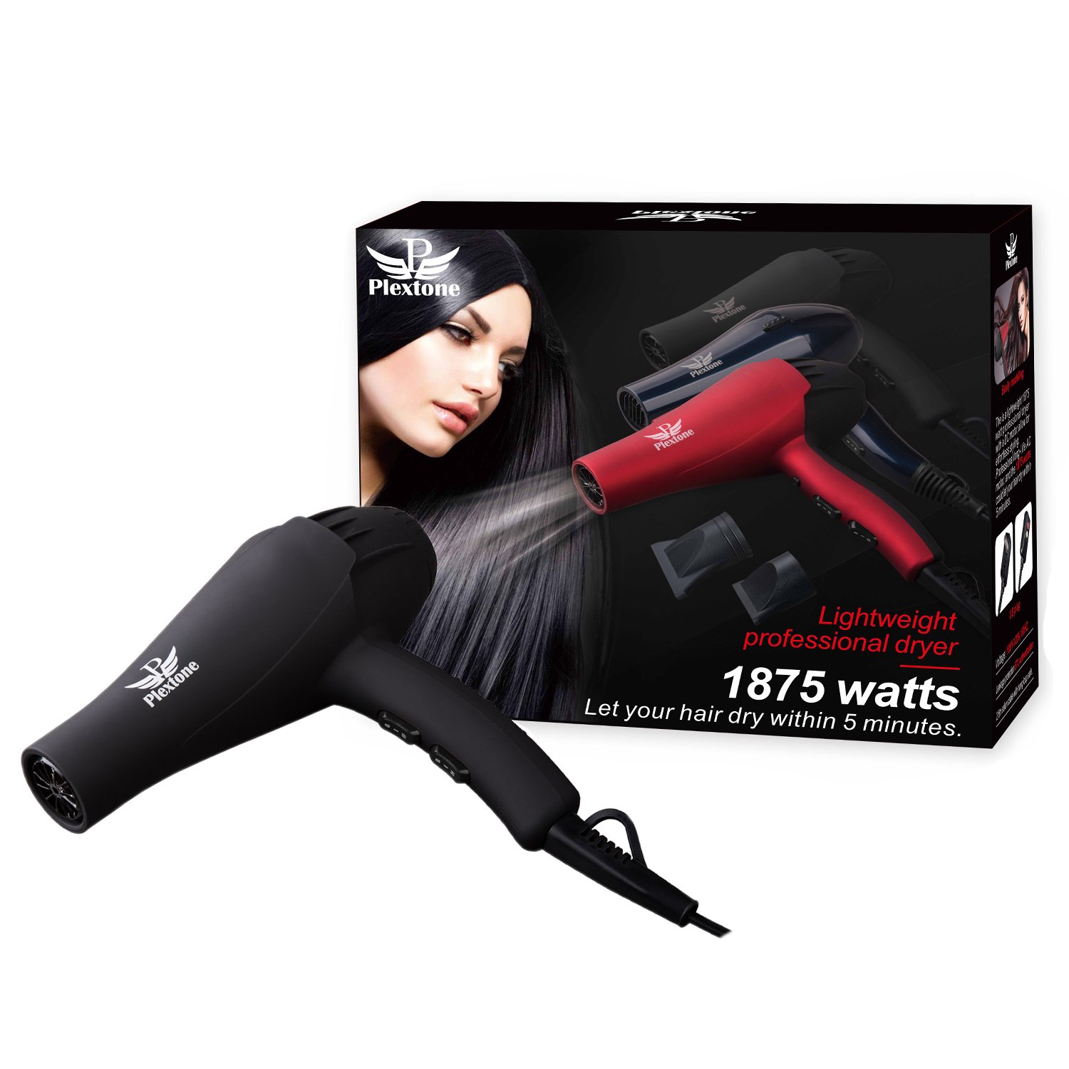 PLEXTONE 1875W Quick Dry Lightweight Professional Ceramic Hair Dryer Multifunctional Settings and ETL Certified Plug Cold Shot Button(some have) 2 Speeds 3 Heat Settings Concentrator Diffuser (Black)