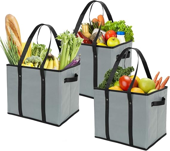 Amazon Co Jp Foraineam 再利用可能食料品バッグ 特大 グレー 丈夫 高耐久 食料品トートバッグ ストレージボックス ビン 折りたたみ式 食料品ショッピングボックスバッグ 底補強 服 ファッション小物