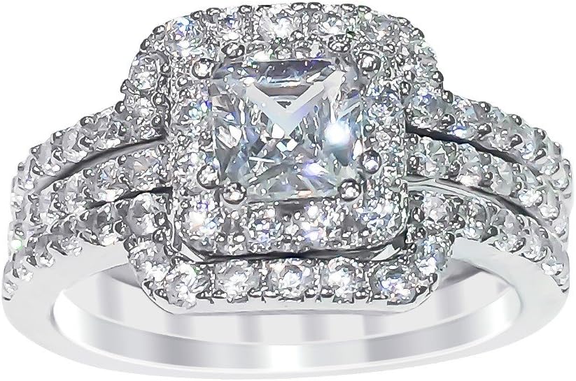 Sterling Silver Princess Cut Cubic Zirconia Engagement Ring Wedding Band Set