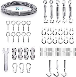 Ruesious Rankhilfe Drahtseil 304-Edelstahl Stahlseil, Nylon-ummantelt 2mm 7x7, 5x Spannschloss M4 Haken Öse, 12x Kausche, 20x Drahtseilklemmen, 10x Ösenschraube, 3x Karabiner, 3x Ausdehnungshaken