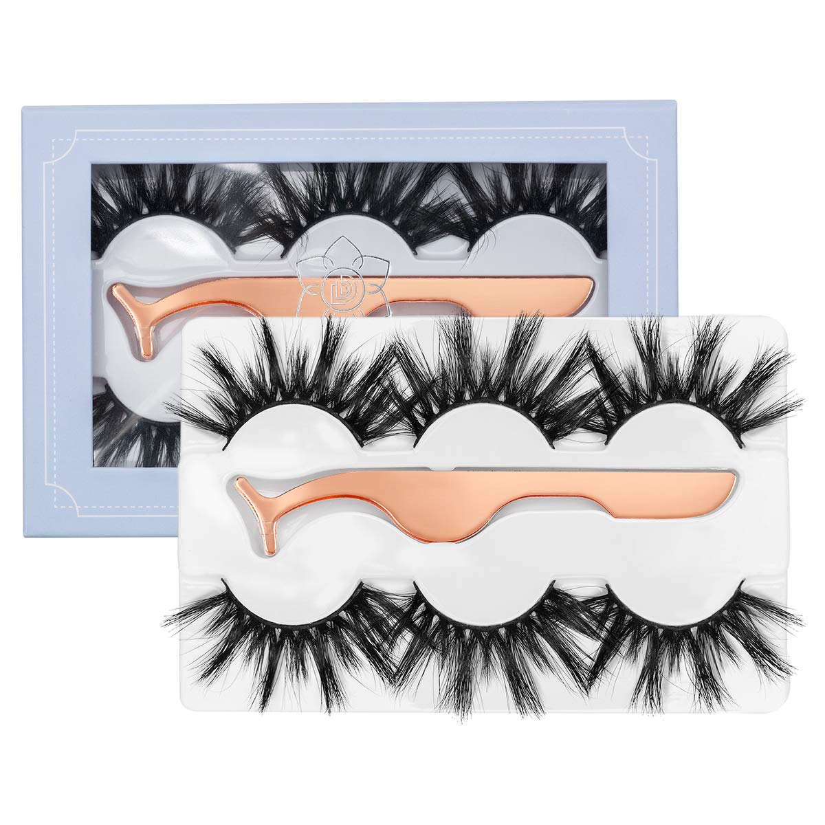 DYSILK 3 Pairs 25MM 3D Real Mink Eyelashes Fluffy Dramatic False Eyelashes with Tweezers Wispy Handmade Fake Eyelashes Long Soft Natural Layered Reusable Lashes